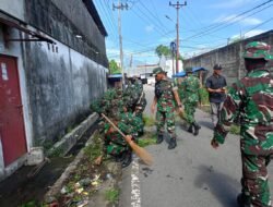 Wujud Kemanunggalan TNI – Rakyat, Kodim 1310/Bitung dan Yonif TP 916/BS bersama Warga Gelar Karya Bakti Pembersihan Kompleks Kanopi Bitung